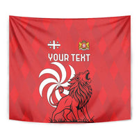 Red lion wall tapestry close-up with 'YOUR TEXT' and crest on front