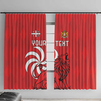 Red window curtain pair with lion crest and “YOUR TEXT” design with ornamental motifs