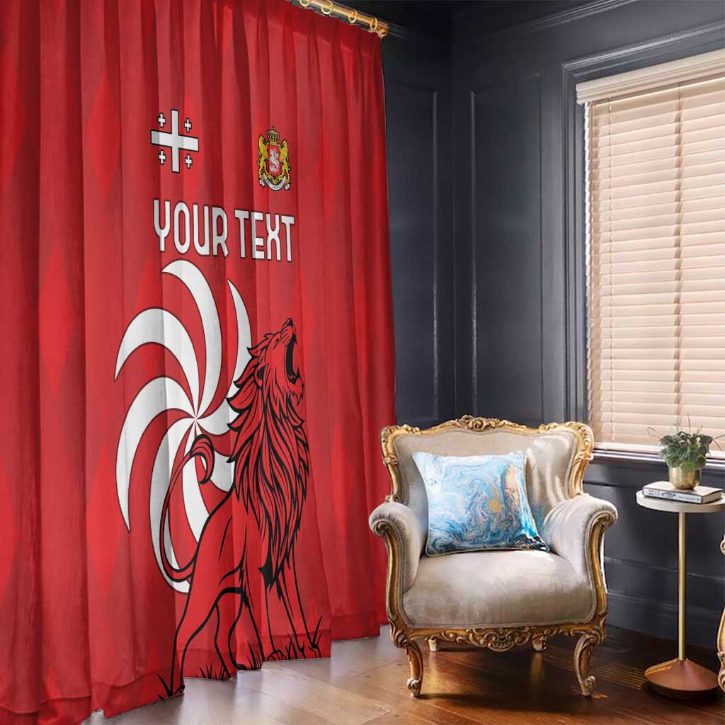Red window curtain with lion emblem and “YOUR TEXT” graphic, hanging in living room