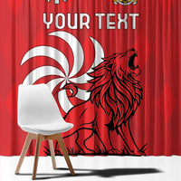 Close-up view of red curtain with “YOUR TEXT” and lion silhouette graphic