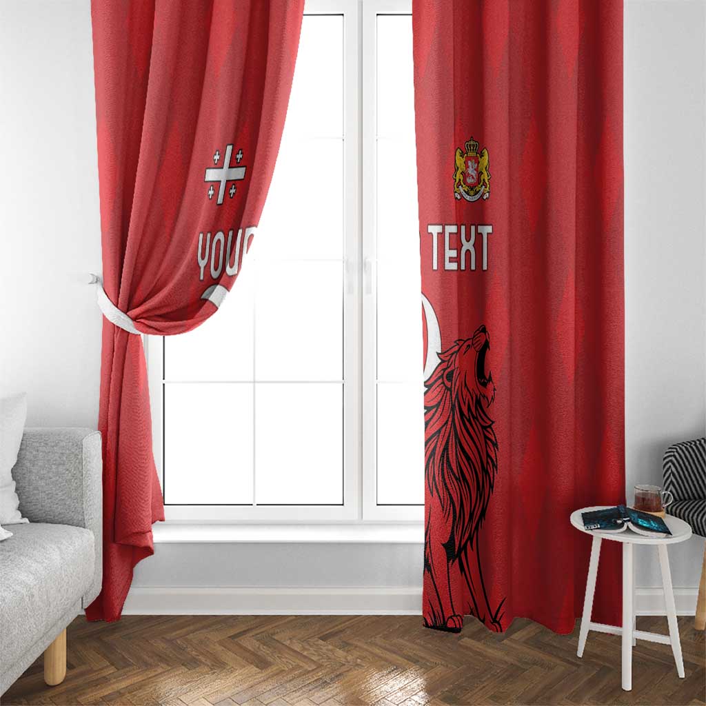 Red window curtain with lion crest and “TEXT” text graphic, draped beside window