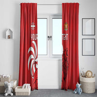 Red window curtain set with “YOUR TEXT” and lion motif, shown centered on door