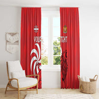 Red window curtains with lion crest and “YOUR TEXT” graphic, framed by white windows
