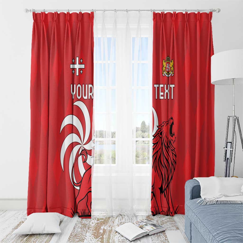 Red window curtain set with lion crest and “YOUR TEXT” print, bright window backdrop