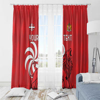 Red window curtain set with lion crest and “YOUR TEXT” print, bright window backdrop