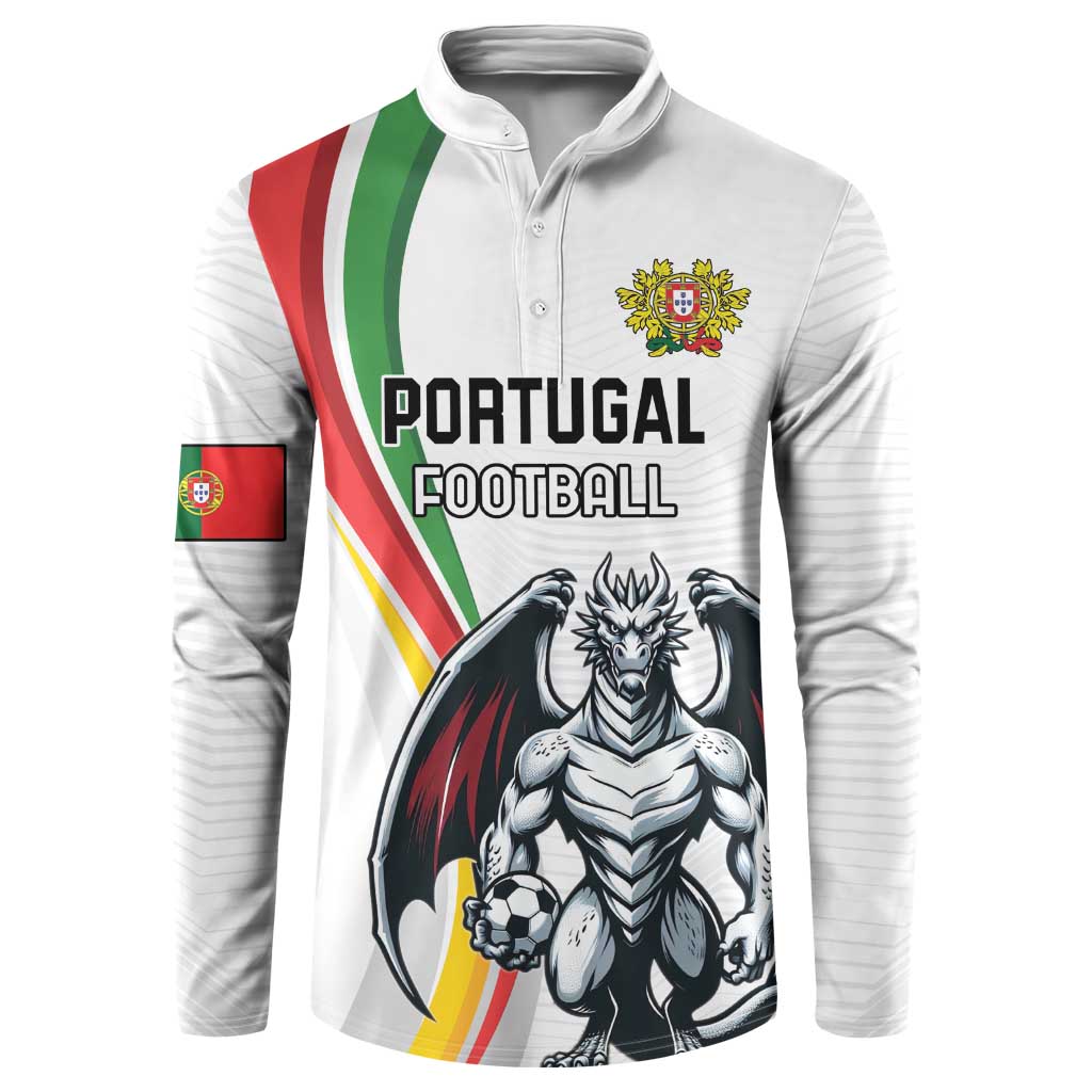 White football button sweatshirt with Portugal crest and dragon mascot graphic
