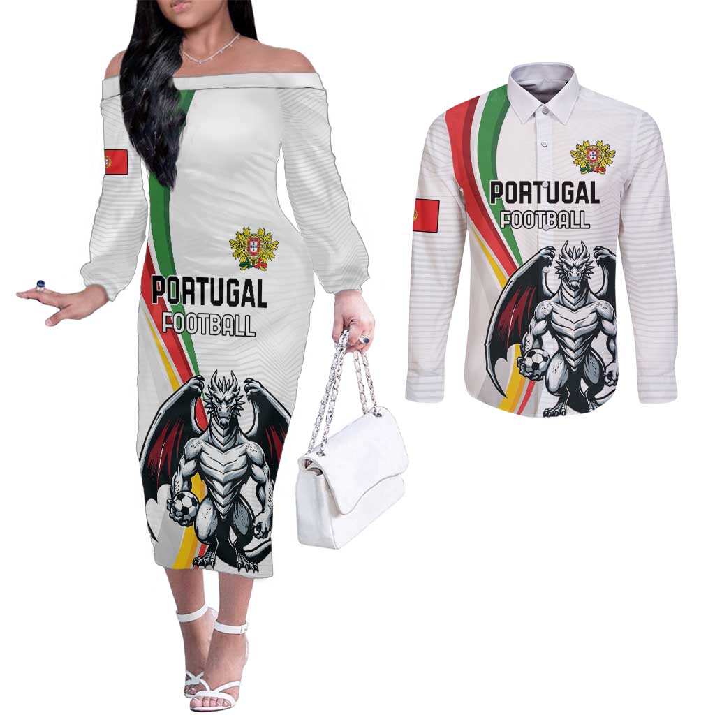 Custom Portugal Football Couples Matching Off The Shoulder Long Sleeve Dress and Long Sleeve Button Shirt A Selecao das Quinas Dragon Mascot