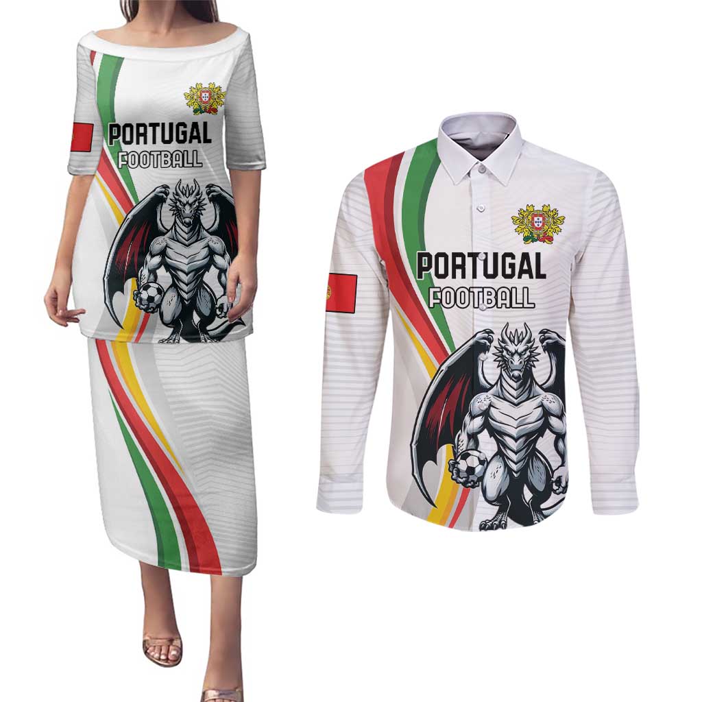 Custom Portugal Football Couples Matching Puletasi and Long Sleeve Button Shirt A Selecao das Quinas Dragon Mascot