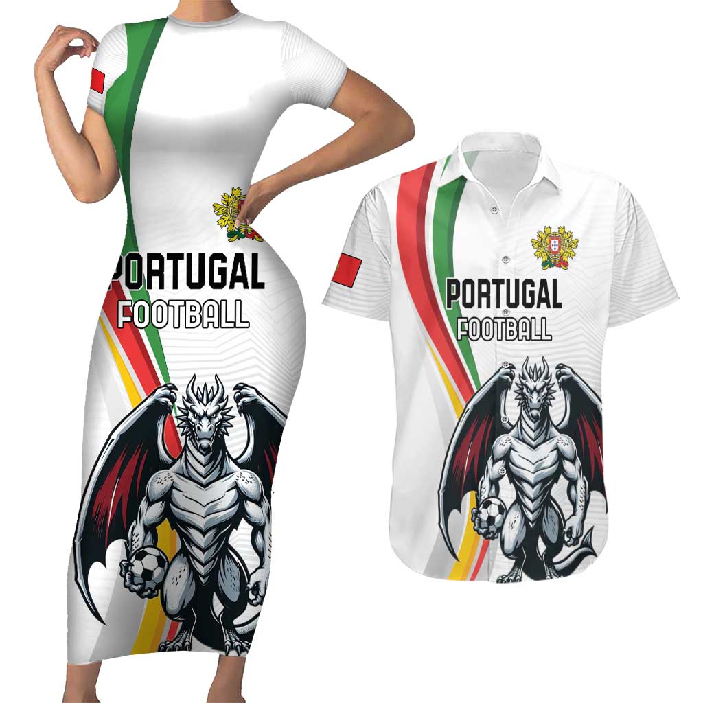 Custom Portugal Football Couples Matching Short Sleeve Bodycon Dress and Hawaiian Shirt A Selecao das Quinas Dragon Mascot