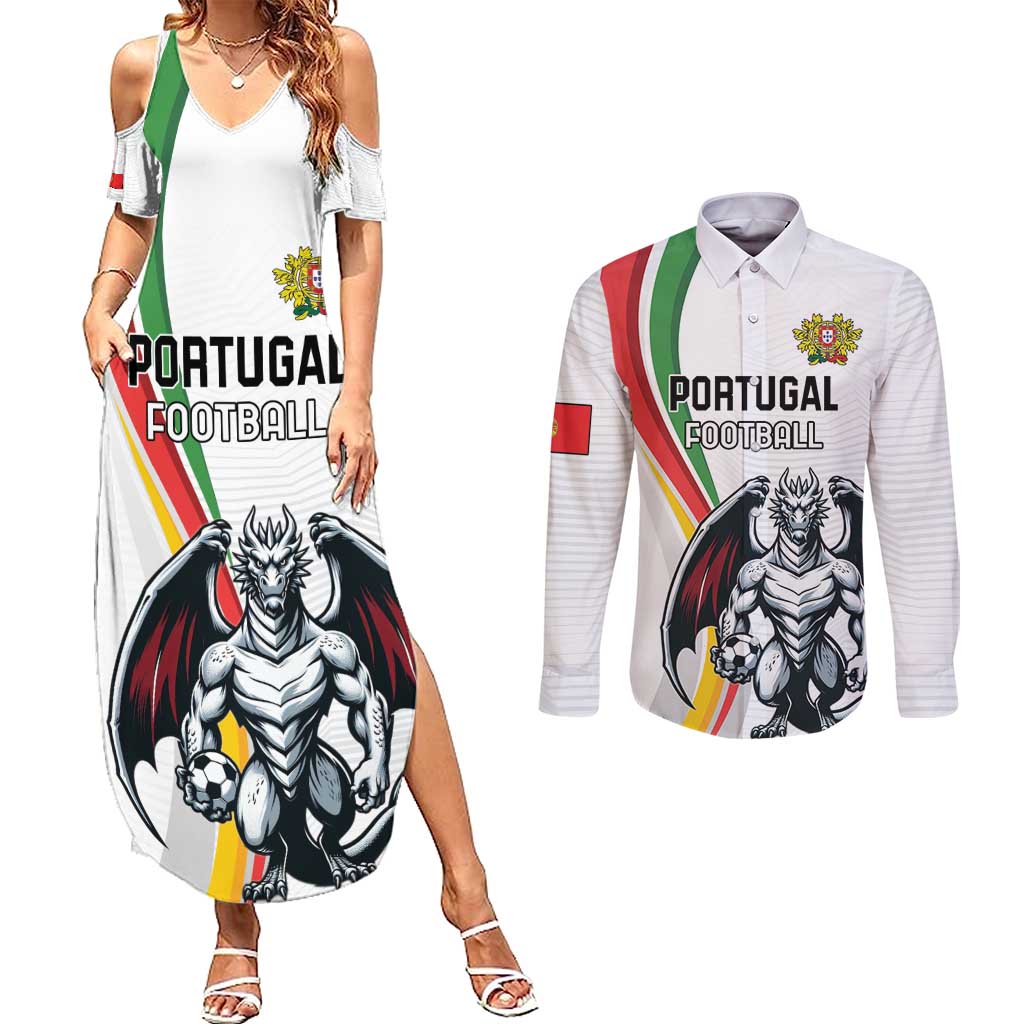 Custom Portugal Football Couples Matching Summer Maxi Dress and Long Sleeve Button Shirt A Selecao das Quinas Dragon Mascot