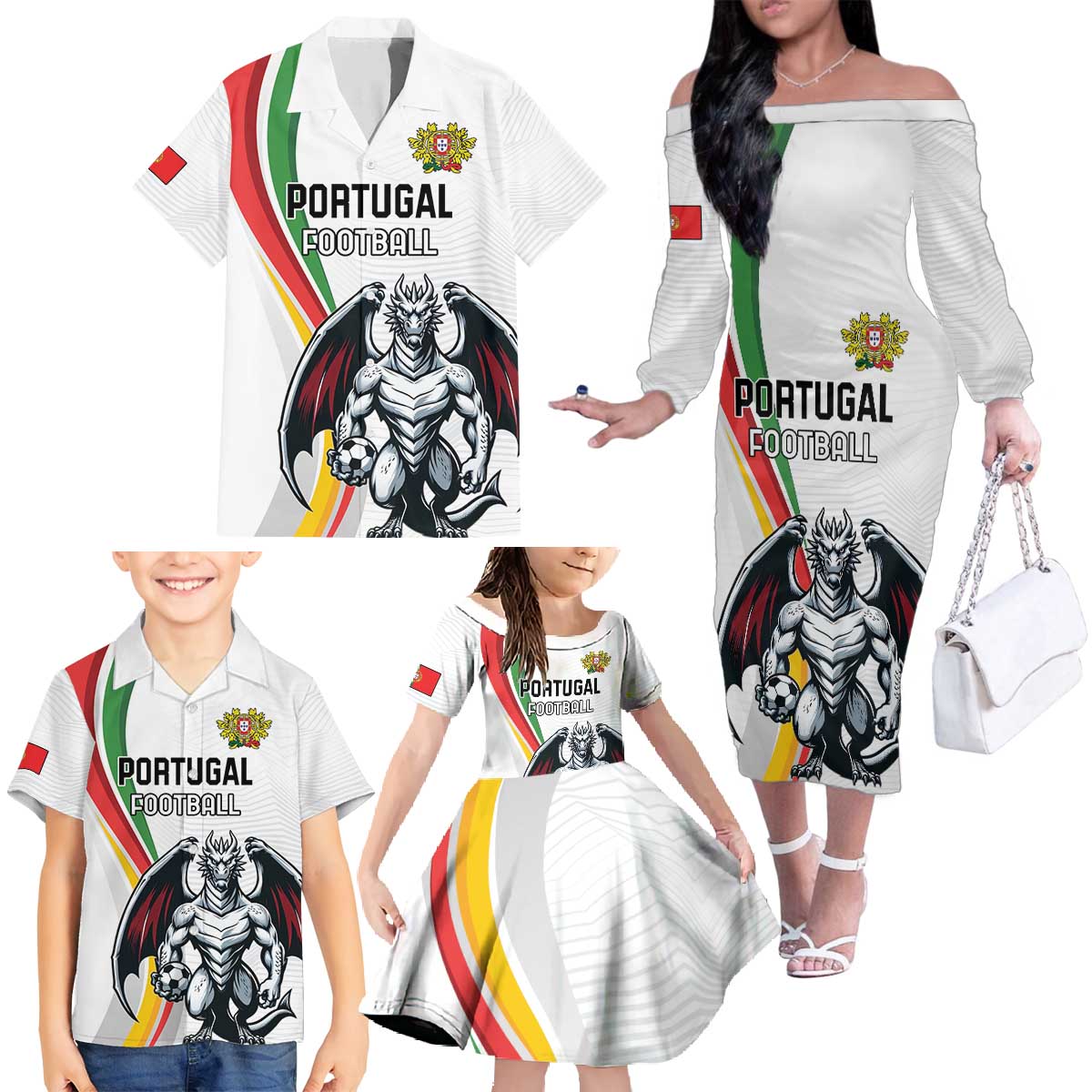 Custom Portugal Football Family Matching Off The Shoulder Long Sleeve Dress and Hawaiian Shirt A Selecao das Quinas Dragon Mascot