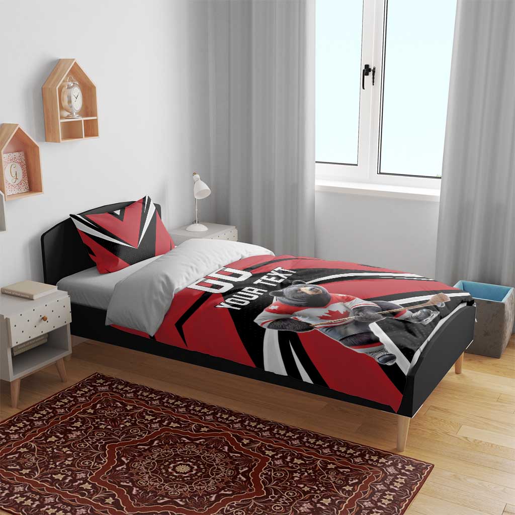 Custom Canada Hockey Bedding Set Black Bear Playing Ice Hockey