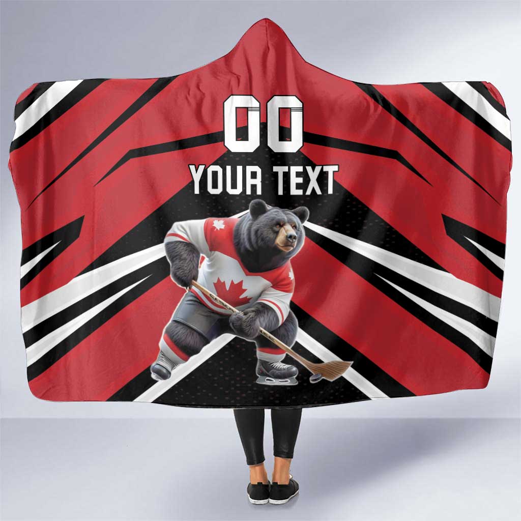 Custom Canada Hockey Hooded Blanket Black Bear Playing Ice Hockey