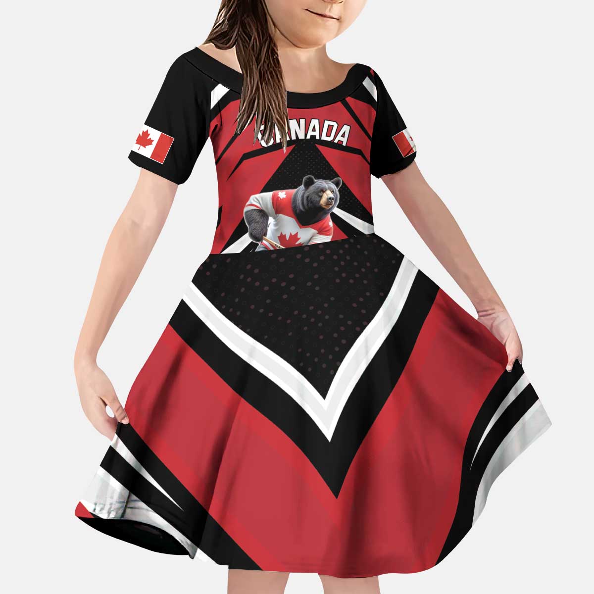 Custom Canada Hockey Kid Short Sleeve Dress Black Bear Playing Ice Hockey