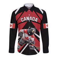 Long-sleeve button hockey shirt with black sleeves, Canada bear front graphic and flag patches