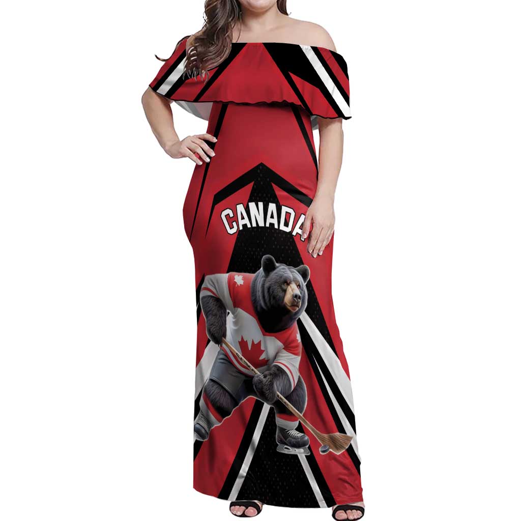 Custom Canada Hockey Off Shoulder Maxi Dress Black Bear Playing Ice Hockey