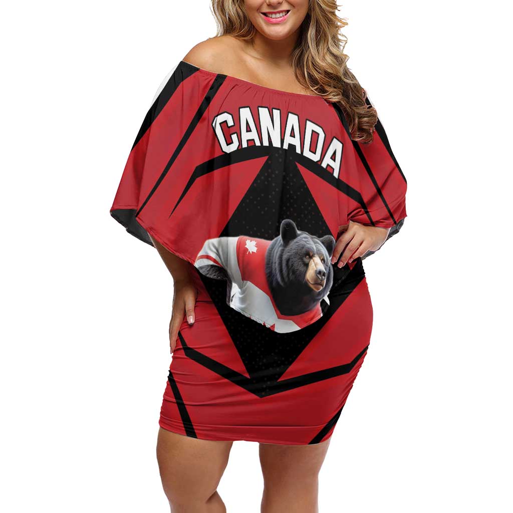 Custom Canada Hockey Off Shoulder Short Dress Black Bear Playing Ice Hockey