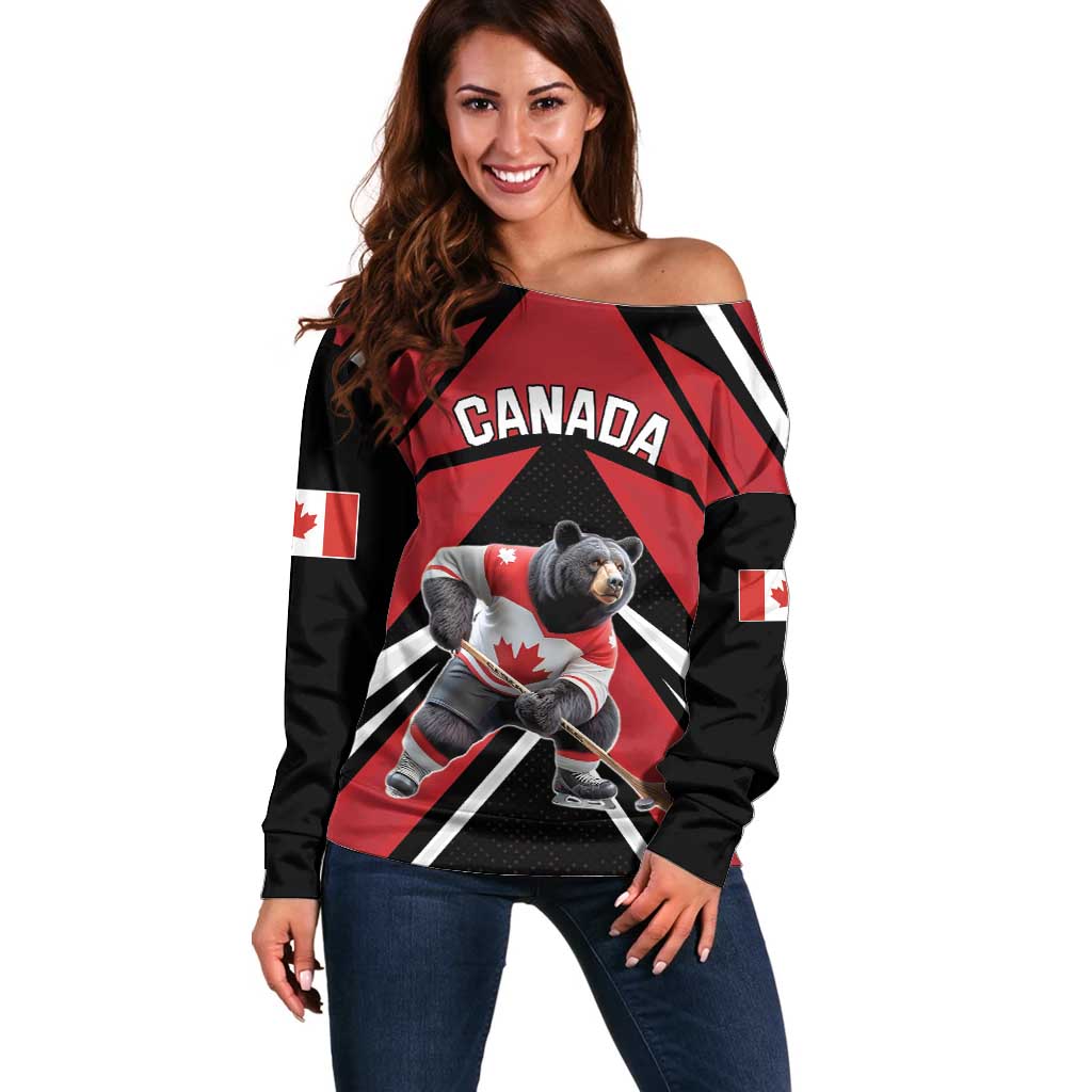 Custom Canada Hockey Off Shoulder Sweater Black Bear Playing Ice Hockey