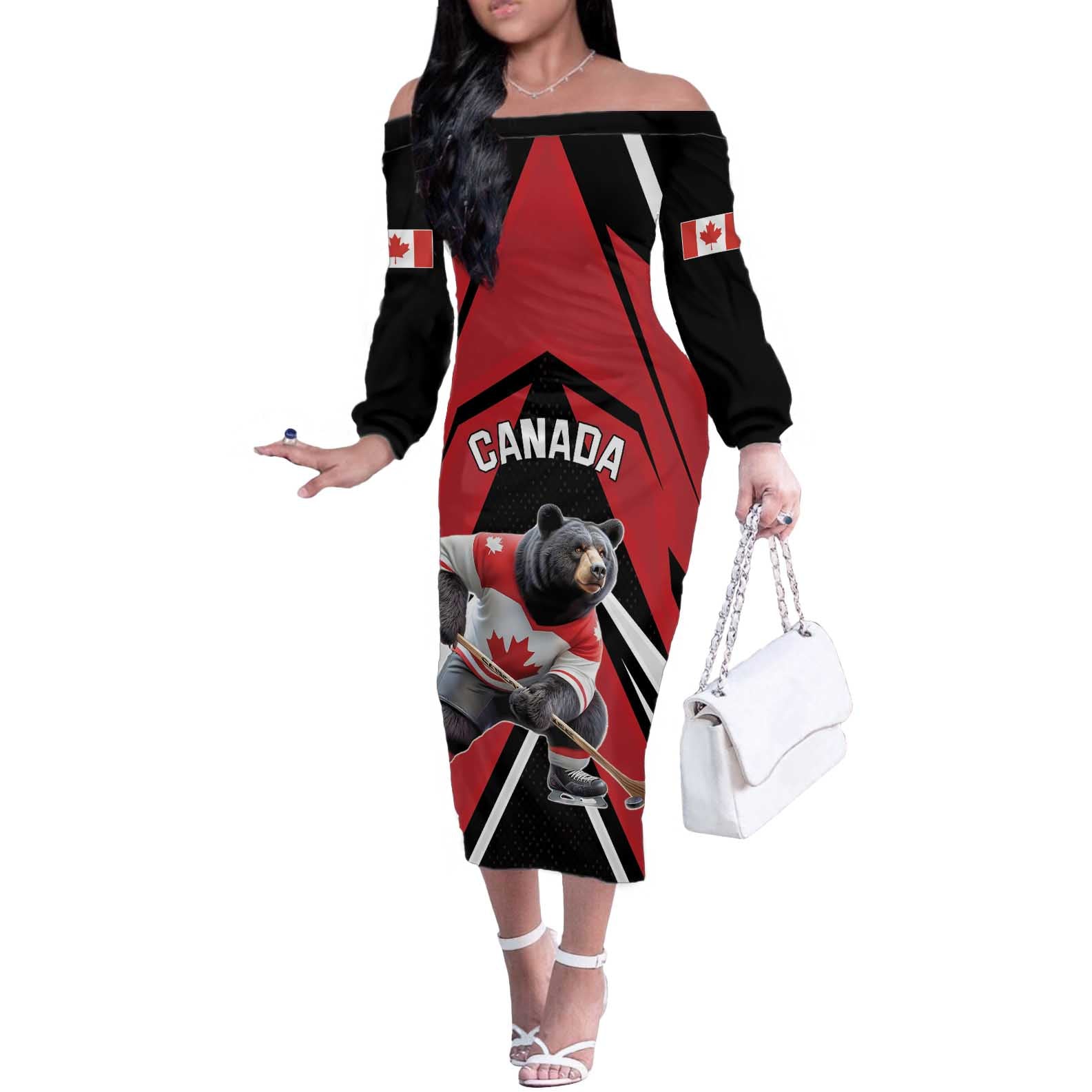 Custom Canada Hockey Off The Shoulder Long Sleeve Dress Black Bear Playing Ice Hockey