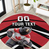 Round red hockey rug with black stripes, bear in jersey, '00' and 'YOUR TEXT'.