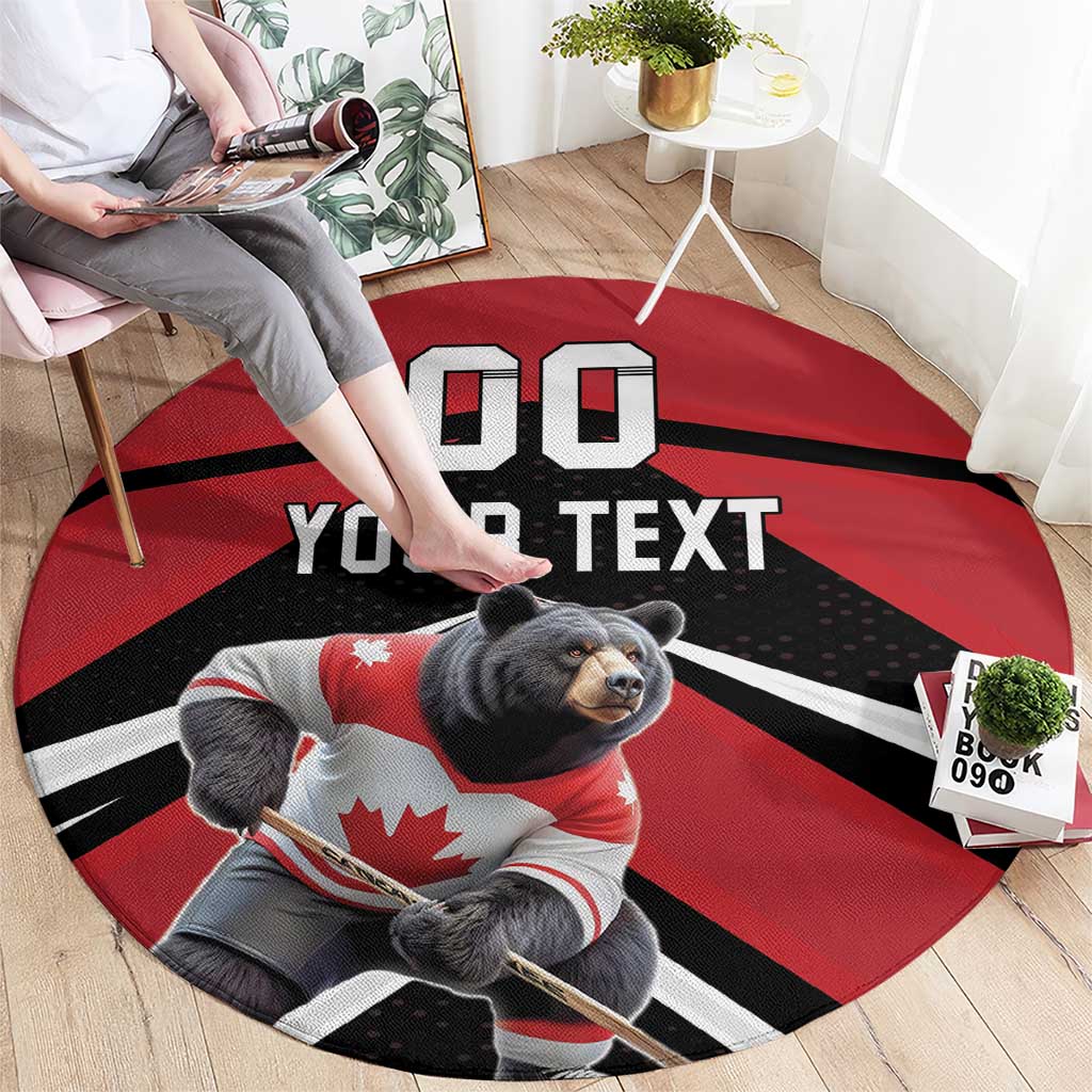 Round red hockey rug, black curved bands, '00' and 'YOUR TEXT' over bear hockey scene.