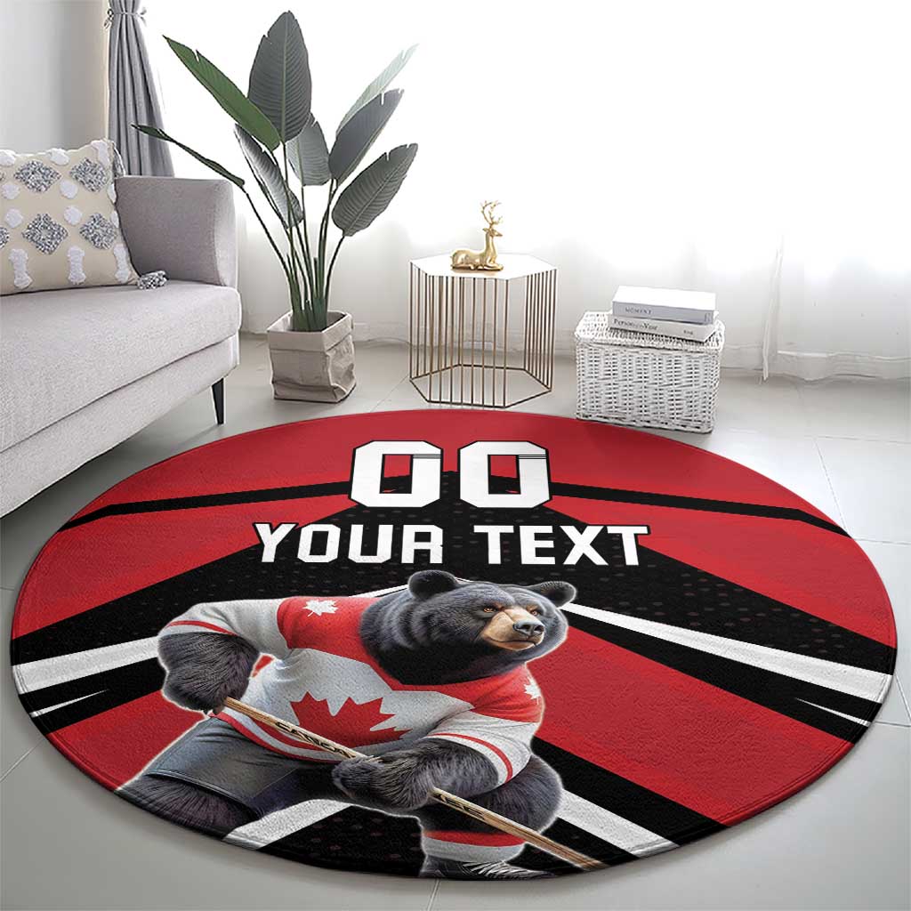 Round red hockey rug with black stripes, Canada bear in uniform holding a stick, 'YOUR TEXT'.