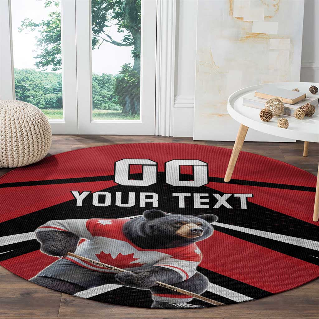 Round red hockey rug with bear in Canadian jersey, black bands, large '00' and 'YOUR TEXT'.