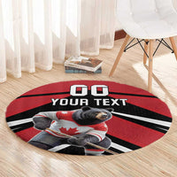 Round red hockey rug featuring bear with hockey stick, '00' above and 'YOUR TEXT' below.
