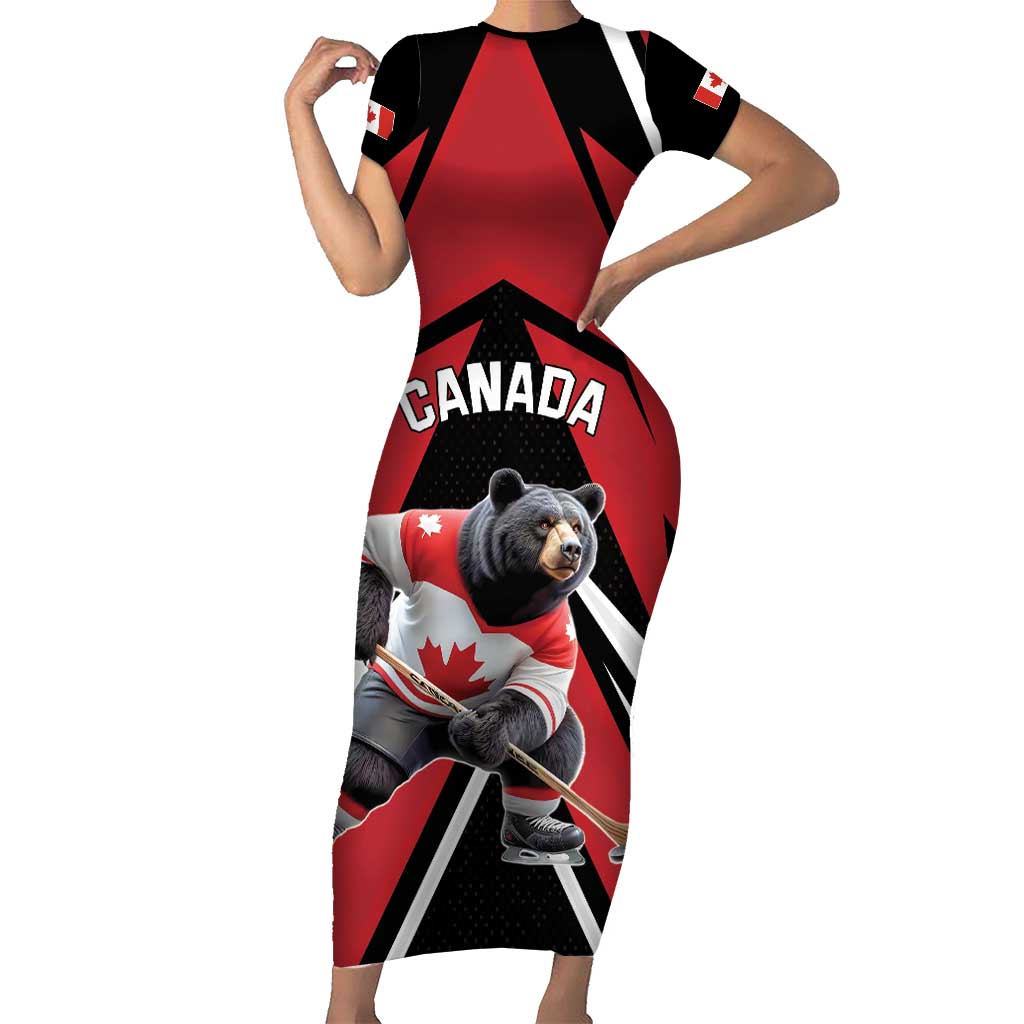 Custom Canada Hockey Short Sleeve Bodycon Dress Black Bear Playing Ice Hockey