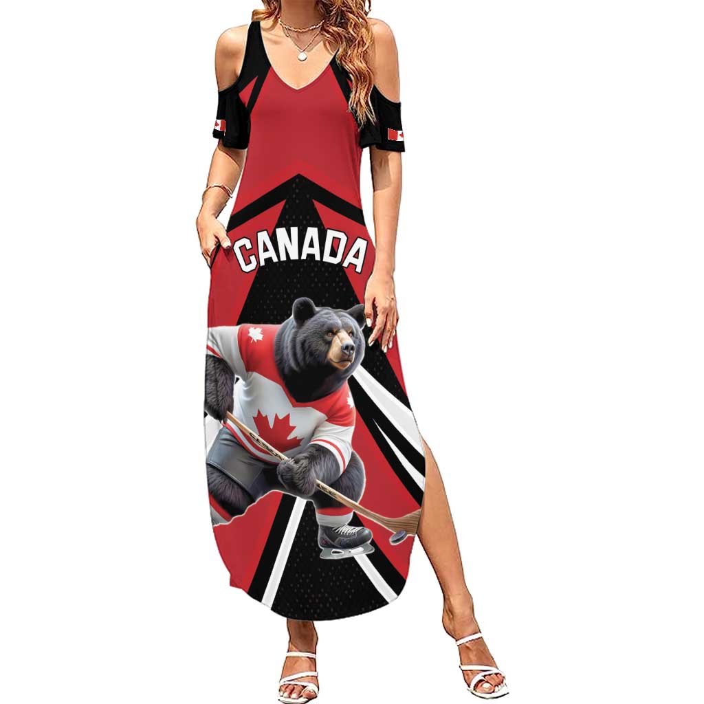 Custom Canada Hockey Summer Maxi Dress Black Bear Playing Ice Hockey