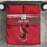 Red basketball bedding set with “18” and “YOUR TEXT” graphic; two matching pillowcases