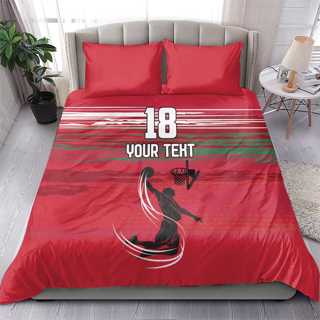 Red basketball bedding set with “18” and “YOUR TEXT” text; duvet and two pillow shams