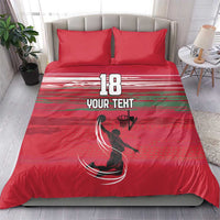 Red basketball bedding set with “18” and “YOUR TEXT” text; duvet and two pillow shams