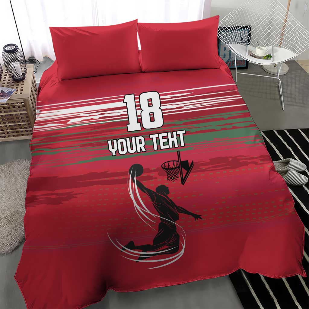 Red basketball duvet set with “18” and “YOUR TEXT” print plus basketball player graphic