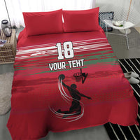 Red basketball duvet set with “18” and “YOUR TEXT” print plus basketball player graphic