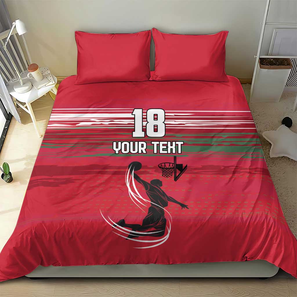 Red basketball bedding set showing “18” and “YOUR TEXT” design with two pillow shams