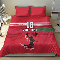 Red basketball bedding set showing “18” and “YOUR TEXT” design with two pillow shams
