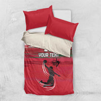 Red basketball bedding set with “YOUR TEXT” and “18” graphic; duvet with two pillowcases