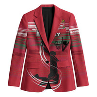 Red custom basketball blazer with front graphic, striped bands, and team crest pocket