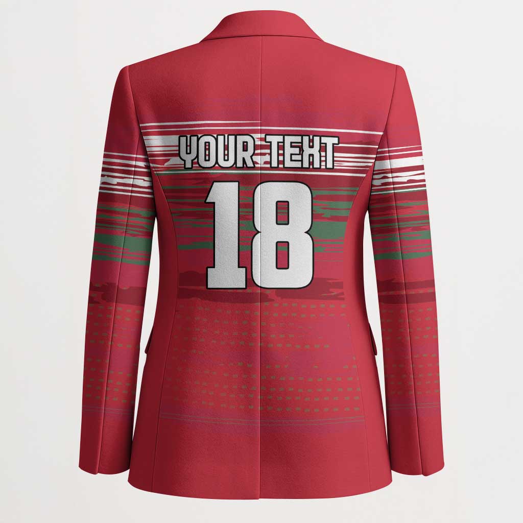 Red basketball blazer back view with YOUR TEXT 18 and striped graphic panel
