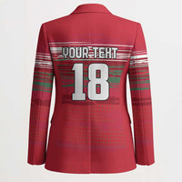 Red basketball blazer back view with YOUR TEXT 18 and striped graphic panel