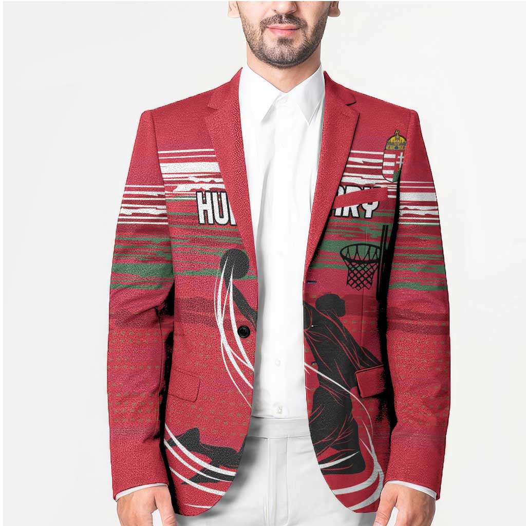 Red blazer front close-up with sporty striped graphics, crest, and basketball hoop design