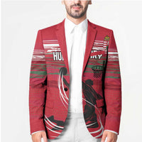 Red blazer front close-up with sporty striped graphics, crest, and basketball hoop design