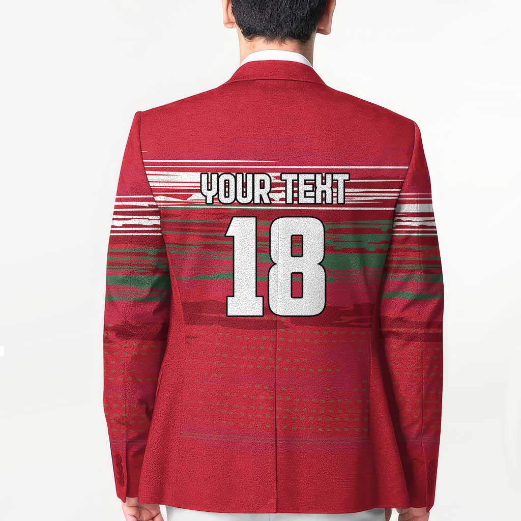 Red blazer back with YOUR TEXT 18, striped bands, and large number print
