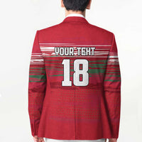 Red blazer back with YOUR TEXT 18, striped bands, and large number print