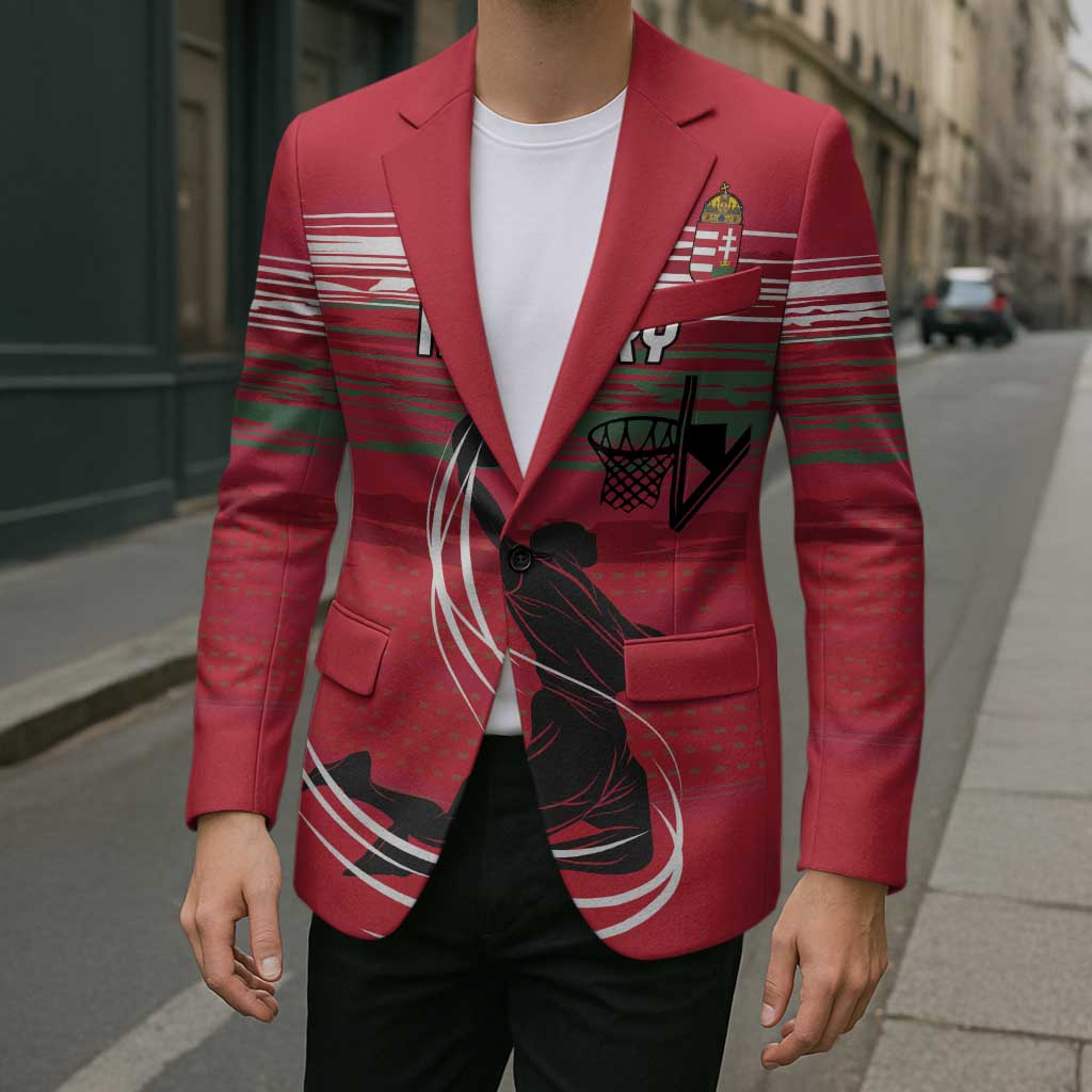 Red custom blazer with front basketball graphic, stripes, and crest detail; over white shirt