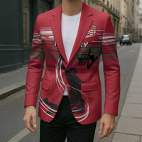 Red custom blazer with front basketball graphic, stripes, and crest detail; over white shirt