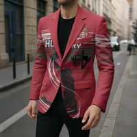 Red custom blazer with front basketball graphic, striped bands, and crest detail; over black shirt