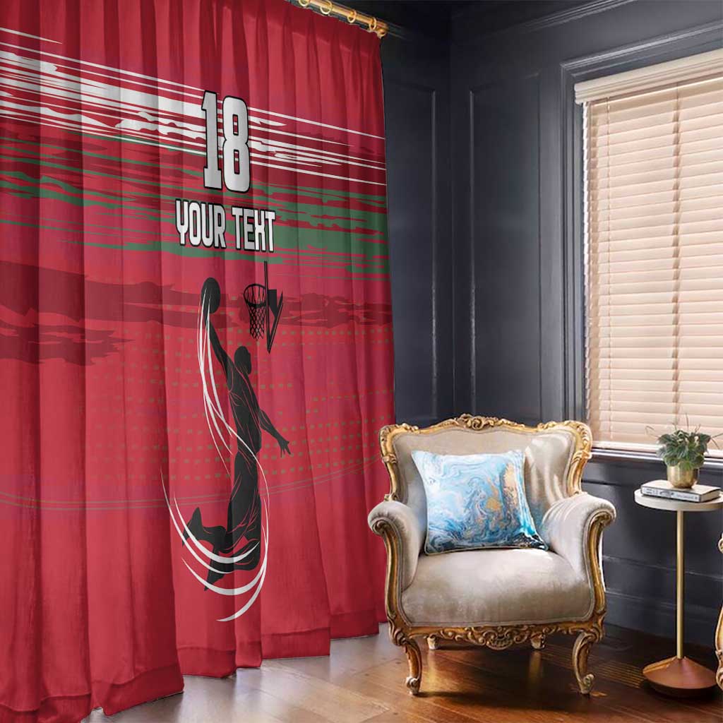 Red basketball window curtain with number 18 and hoop silhouette in room