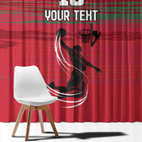 Red basketball curtain with hoop and player illustration beside chair